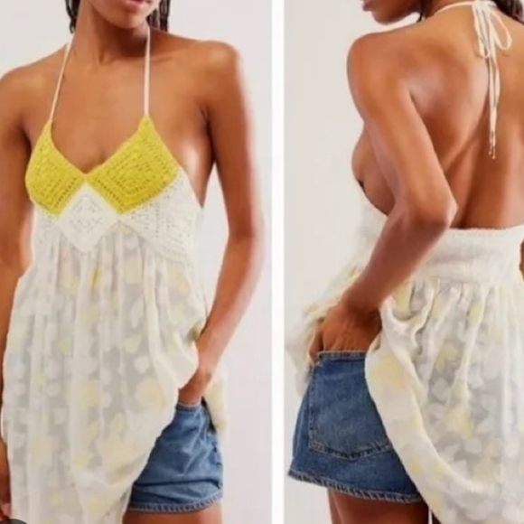 Free People Tops - Free people yellow and ivory crochet flowy tank top halter 16x27 Size XL